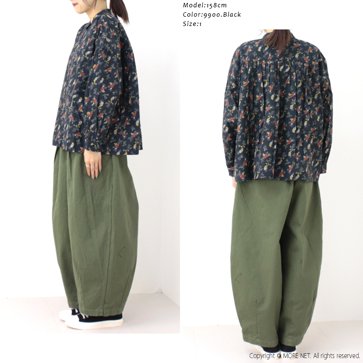 SOIL（ソイル） ポプリンフラワープリントバンドカラーギャザーシャツ