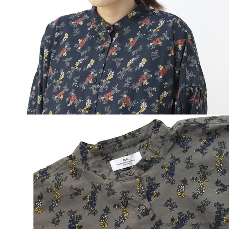 SOIL（ソイル） ポプリンフラワープリントバンドカラーギャザーシャツ