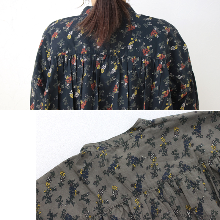 SOIL（ソイル） ポプリンフラワープリントバンドカラーギャザーシャツ