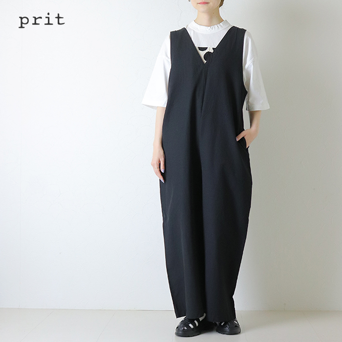 prit（プリット） 綿麻ストレッチVネックオールインワン P71629