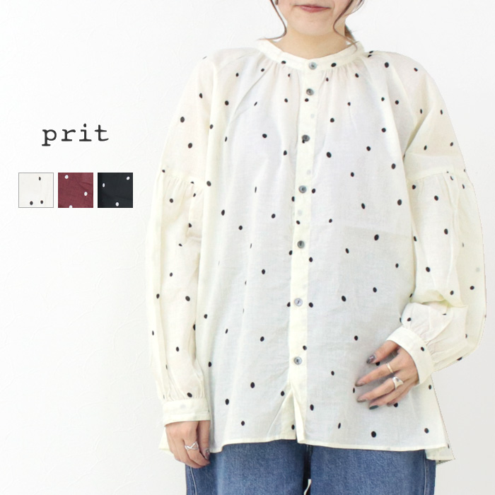 プリット prit 40/1綿麻平織ドットプリントスタンドカラーギャザーブラウス P80538 ブラウス ボリュームスリーブ 長袖 日本製 /返品・交換不可/SALE セール｜モアネット casual select