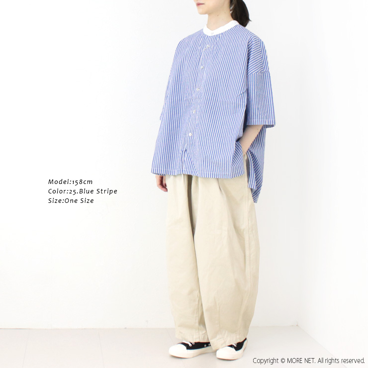 prit｜50/1綿麻ブロード 5分袖スタンドカラークレリックワイド