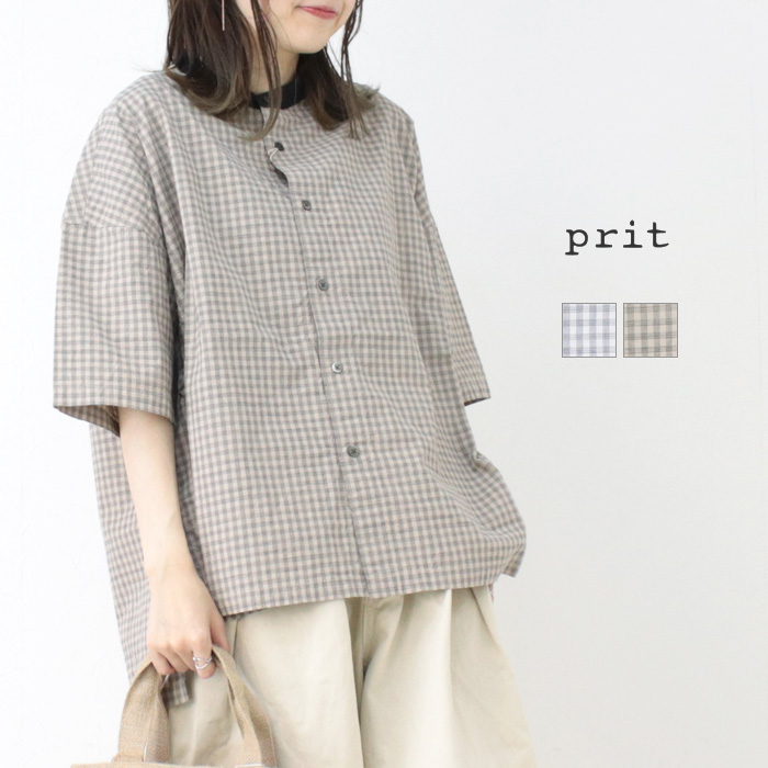 プリット prit ポプリンワッシャーチェック5分袖スタンドカラークレリックワイドシャツ P82546 日本製 半袖 トップス ブラウス レディース 2025春夏 | prit