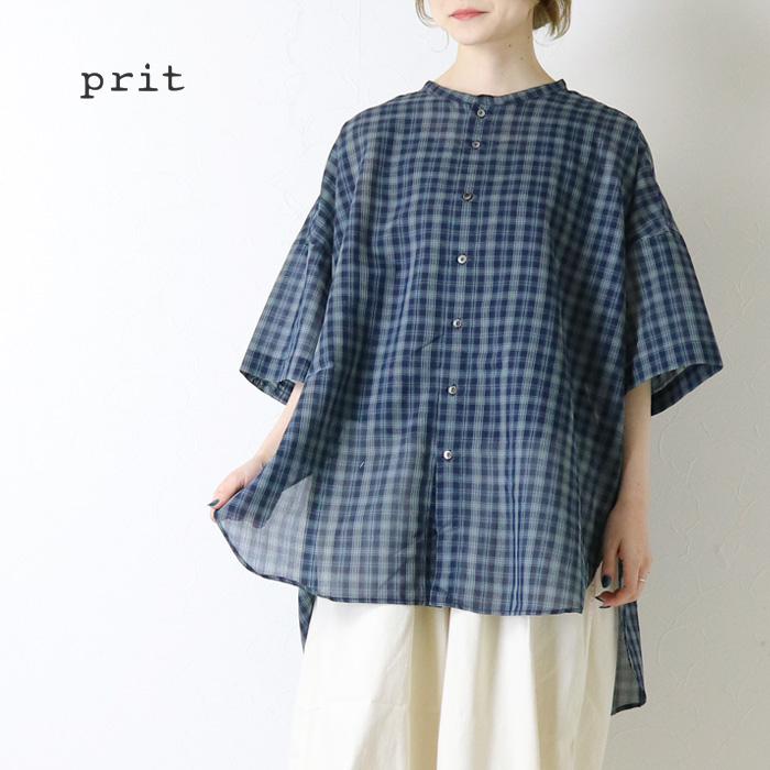 prit（プリット） ローンチェック 5分袖バンドカラーラウンドヘム 