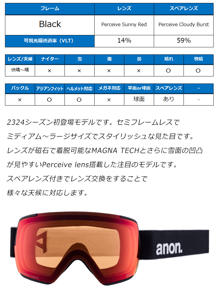 スノーボード ゴーグル ANON アノン M5 anon 2024 アノン スノーボード ゴーグル M5 Low Bridge カラー