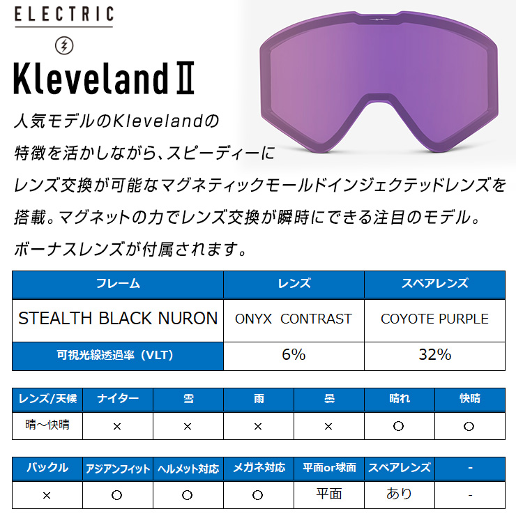 2024 ELECTRIC エレクトリック クリーブランド KLEVELAND 2 スノーボード ゴーグル STEALTH BLACK NURON  レンズ：ONYX CONTRAST スキー