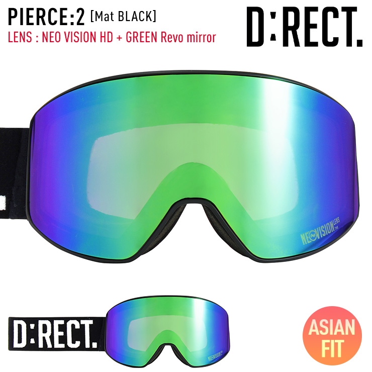 D:RECT ディレクト スノーボード ゴーグル PIERCE:2 カラー：Mat BLACK レンズ：NEOVISON HD GREEN Revo  mirror 平面