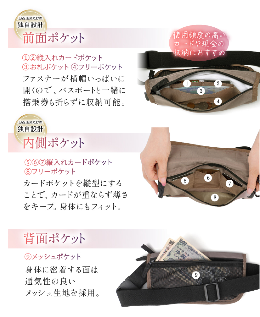 セキュリティポーチ スキミング防止 海外旅行 薄い 腹巻 貴重品 ポーチ 隠せる 防犯 ウエストポーチ 旅行 ラシエム | LASIEM | 13