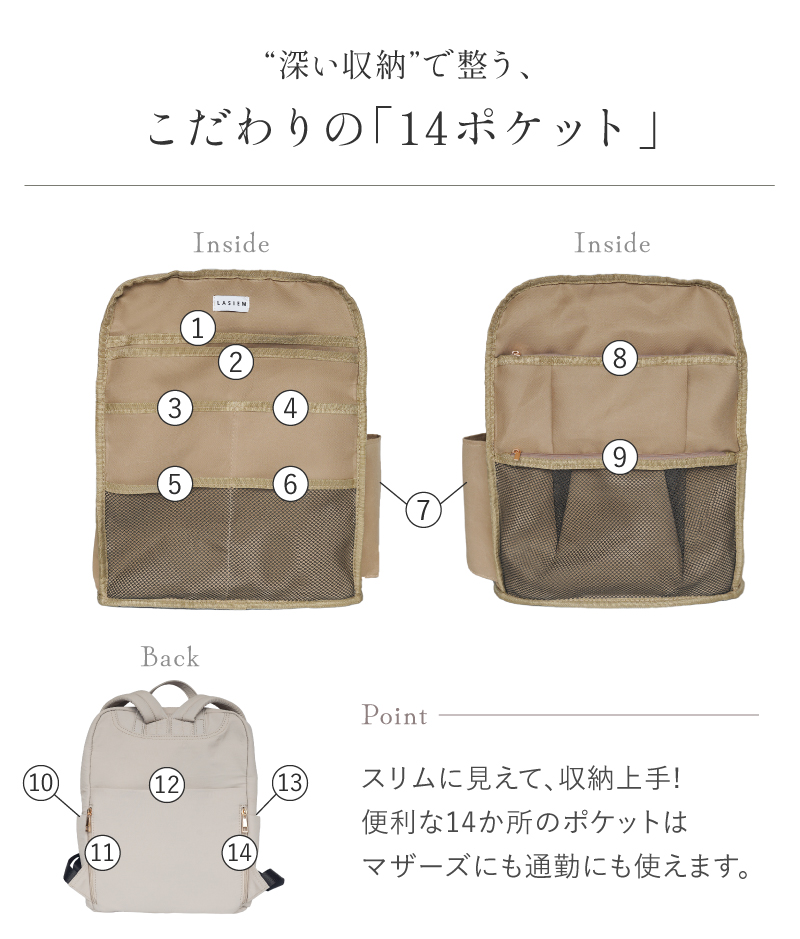 リュック レディース 軽い ナイロン 通勤 マザーズバッグ a4 30代 40代 50代 ラシエム | LASIEM | 13