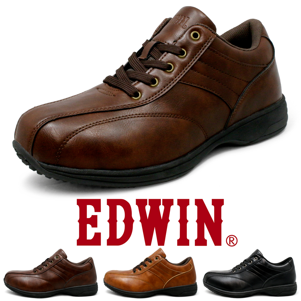 靴 メンズ カジュアルシューズ ウォーキング ビジネススニーカー 防水 軽量 革 PUレザー サイドジップ ファスナー 紐靴 紳士靴 EDWIN  edm457
