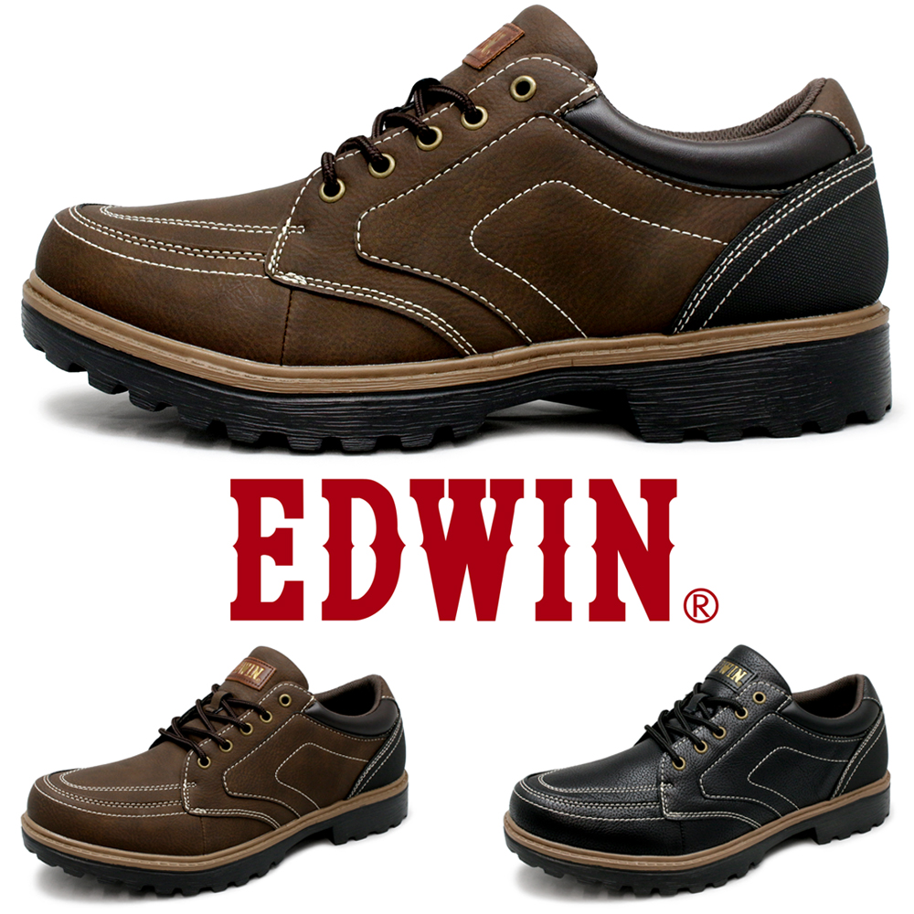 EDWIN 靴 メンズ 超軽量 スニーカー ウォーキング カジュルシューズ PUレザー 紐靴 黒 茶...