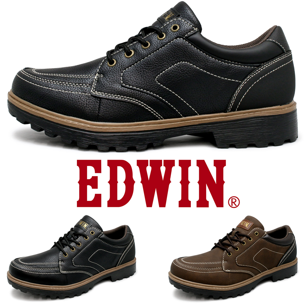 EDWIN 靴 メンズ 超軽量 スニーカー ウォーキング カジュルシューズ PUレザー 紐靴 黒 茶...