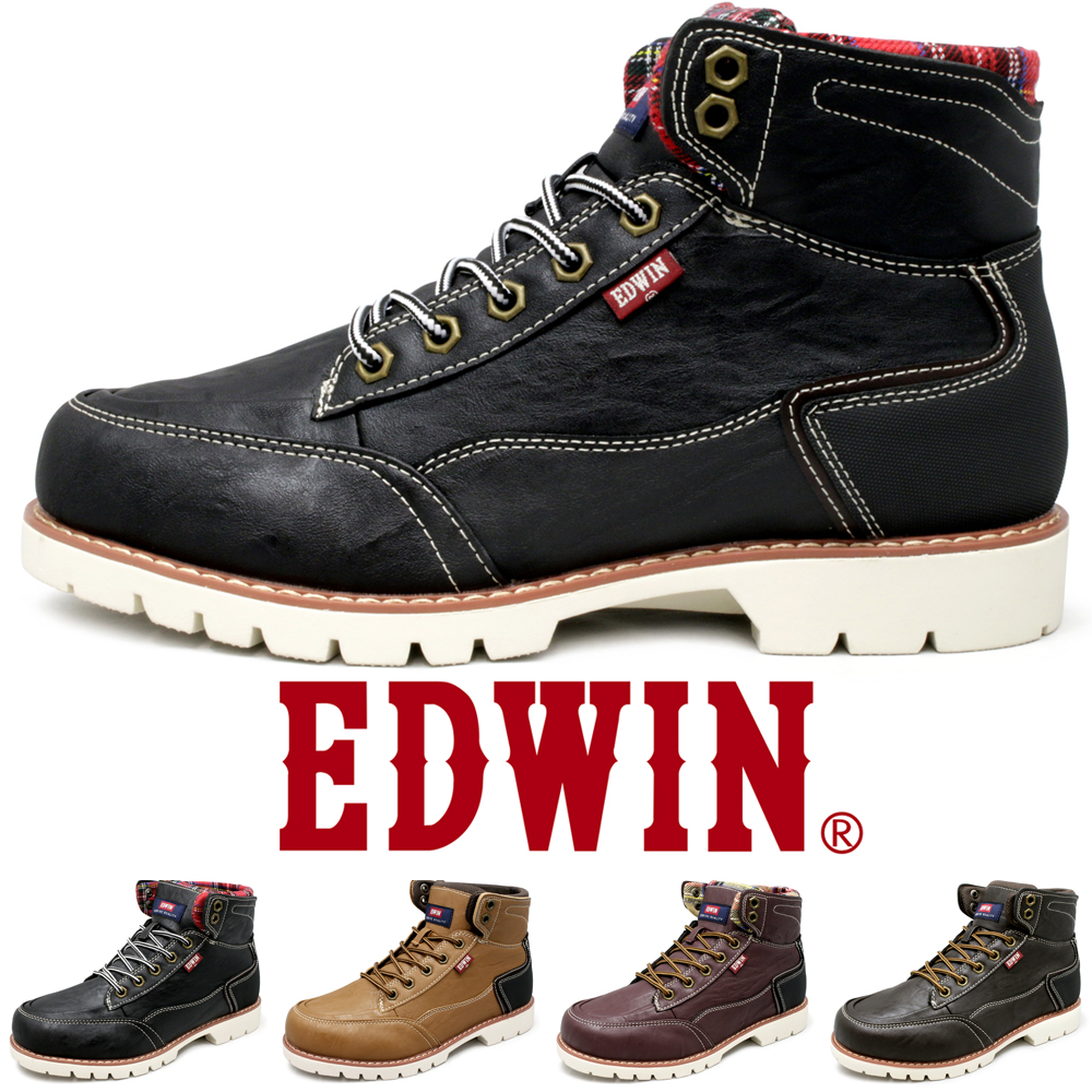 EDWIN メンズ 防水 ブーツ スニーカーブーツ ワークブーツ 上質素材 革 PUレザー おしゃれ 3E 幅広 紐靴 紳士靴 エドウィン EDWIN  edm8500