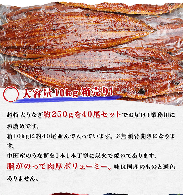 いてありま うなぎ 鰻 かば焼き お取り寄せ 食の達人森源商店 通販 Paypayモール 無頭背開き 特大約250g 40尾 10kg 業務用 送料無料 冷凍便 しょうゆ Thebestboba Com