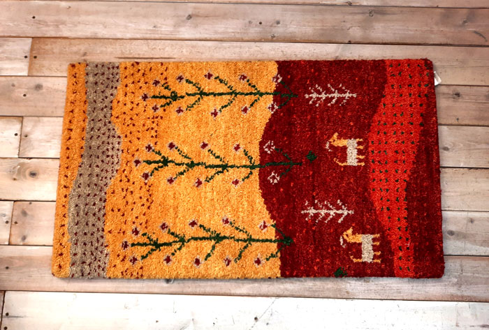 ウール100％天然素材のインド製手織りお買い得ギャッベ玄関マット　レッド・イエロー　75×45cm 75ギャッベ cq-4708-20 アスワン 