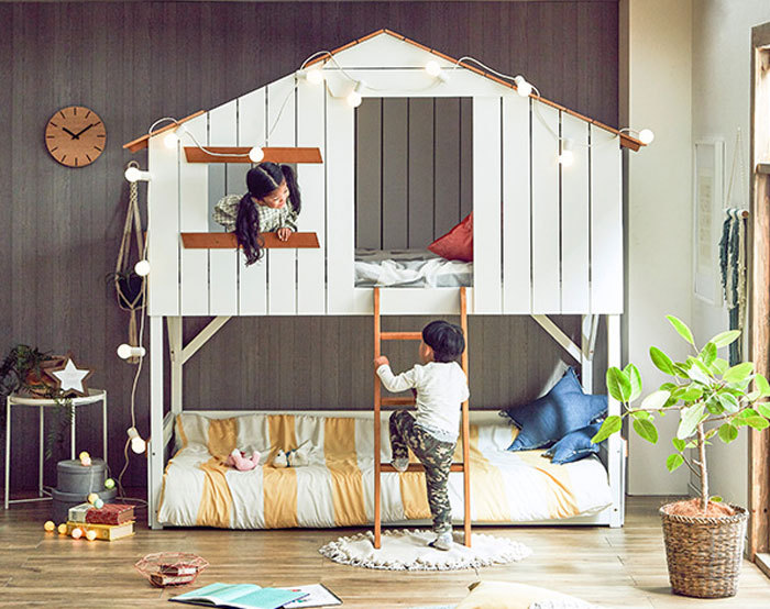 子供の秘密基地、丈夫で安心、木製スノコお家形２段ベッド、キッズ