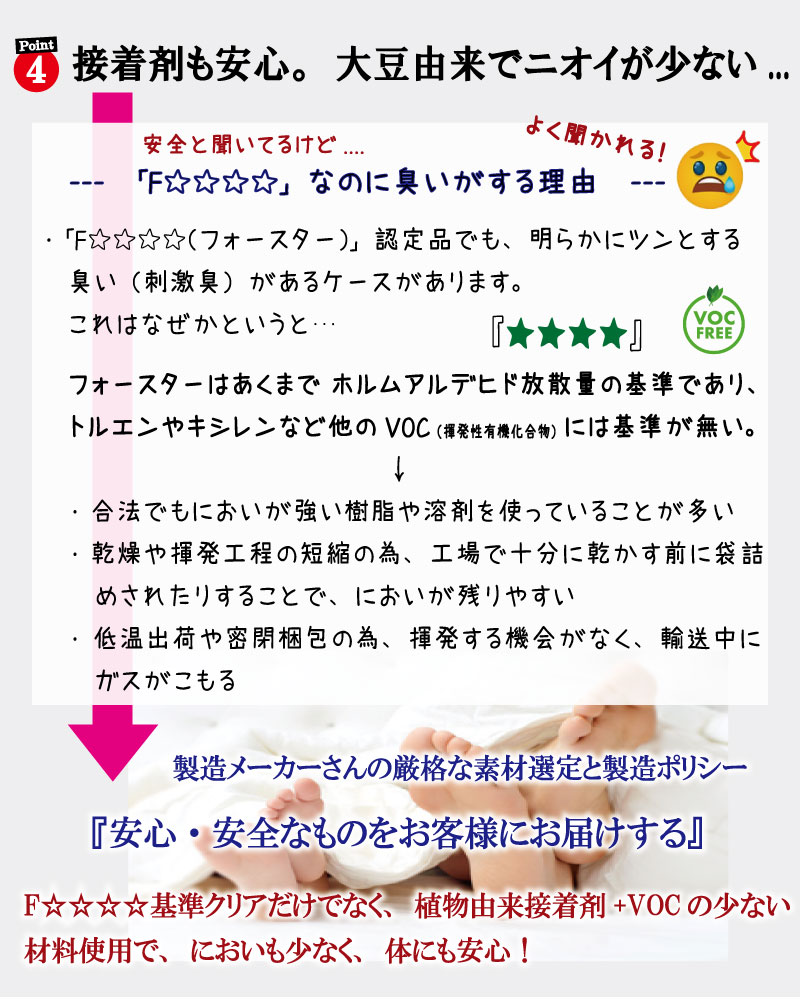 大豆由来の接着剤を使用。F☆☆☆☆で、ほとんど臭いを感じません。お子さまや敏感な方にも安心してお使いいただけます。