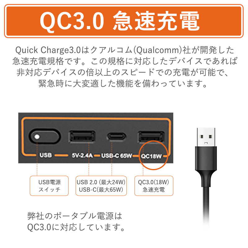 通常のUSB及び急速充電にも対応