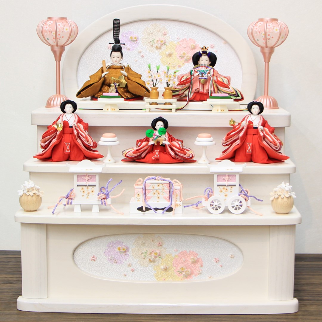 雛人形 おしゃれ 京十二番親王 柳三寸官女 三段飾りなな引出収納屏風玉