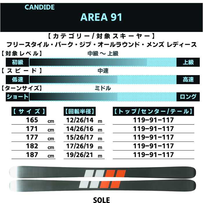 スキー2点セット] キャンデッド スキー板 2026 CANDIDE SKIS AREA 91 +