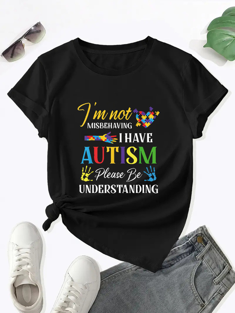 I am自閉症-女性のラウンドネックTシャツ、半袖、自閉症のケア、ファッショントレンド｜moro-shop｜02
