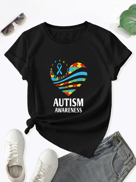 I am自閉症-女性のラウンドネックTシャツ、半袖、自閉症のケア、ファッショントレンド｜moro-shop｜03