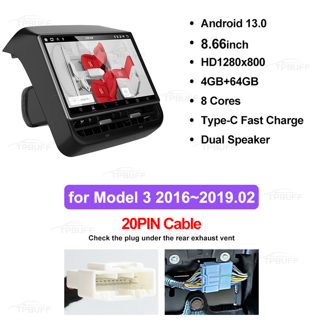 Tpubff-テスラモデル3 y,8.66インチ,新しいハイランドスタイルのエンターテインメントシステム画面,Android 13.0,airdood｜moro-shop｜03