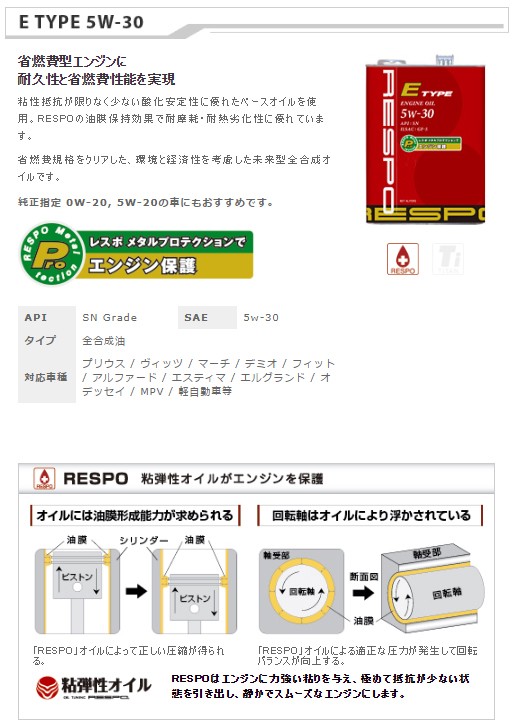 RESPO エンジンオイル E TYPE API:SN 5W-30 4リッター 〔REO-4LEN〕 | レスポ Eタイプ 5W30 4L 100％  化学合成油 エンジン保護成分 低燃費エンジン向け :reo-4len:モーストプライス - 通販 - Yahoo!ショッピング