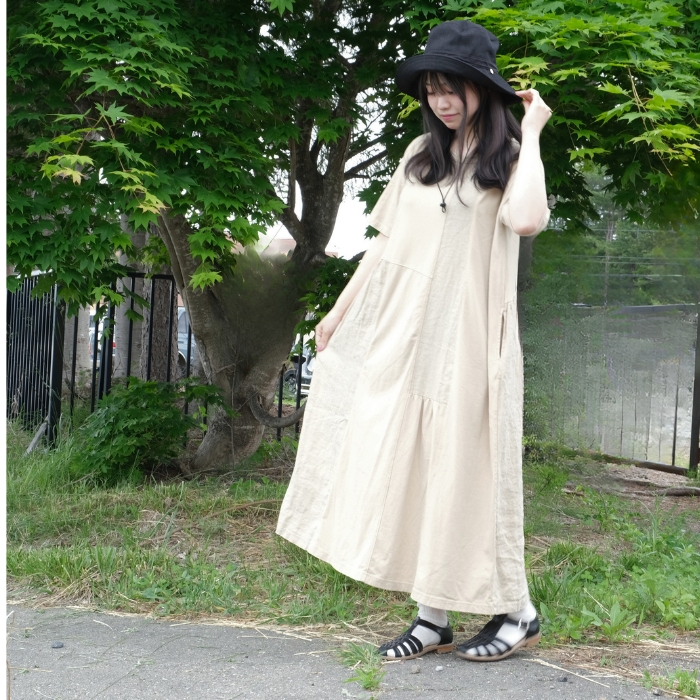 SALE20%OFF】グリン grin ハギハギ5分袖 ワンピース 40/2天竺×リネン
