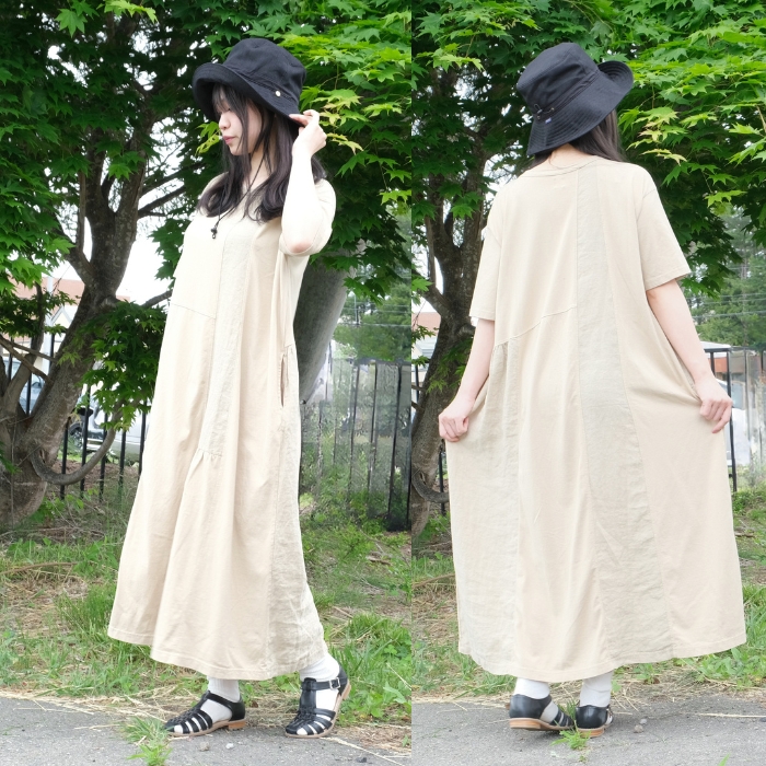 SALE20%OFF】グリン grin ハギハギ5分袖 ワンピース 40/2天竺×リネン