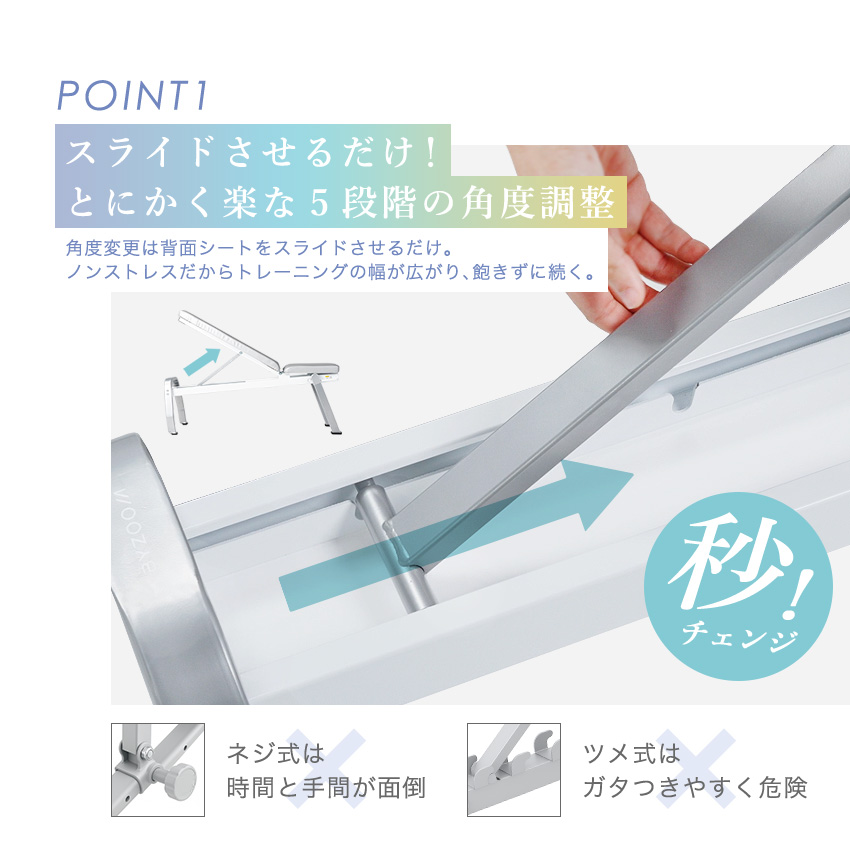 ポイント1.スライドさせるだけの簡単5段階角度調整