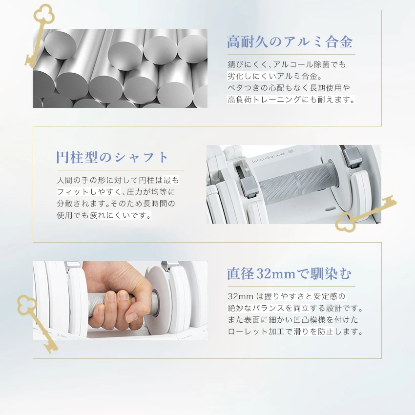 円柱型で直径32mmの握りやすいグリップ