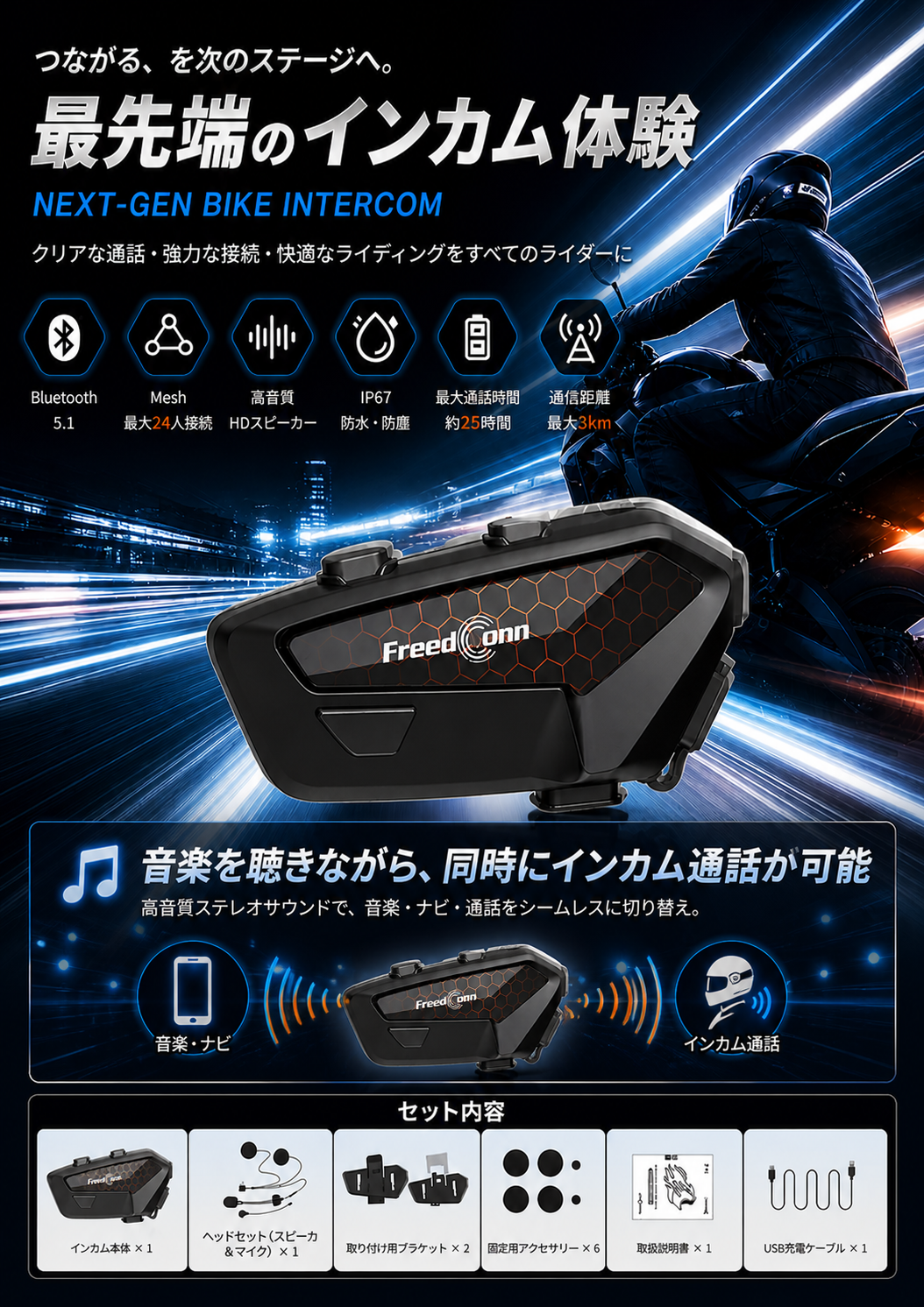 FreedConn（フリードコン） FX2 バイク用 Mesh搭載インカム Bluetooth