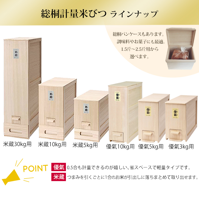 クーポンあり】米びつ 30kg用 米蔵 竹本木箱店 桐製 計量 スリム