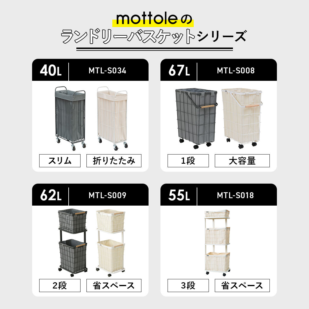 mottole（モットル） ランドリーバスケット 3段 キャスター付き スリム
