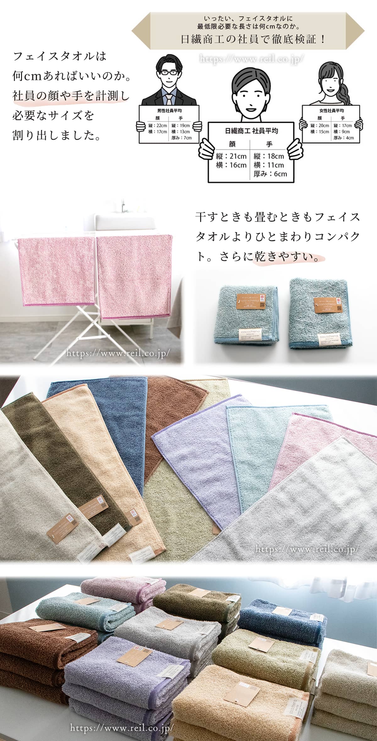 フェイスタオルは何cmあればいいのか。社員の顔や手を計測し必要なサイズを割り出しました。干すときも畳むときもフェイスタオルよりひとまわりコンパクト。さらに乾きやすい。