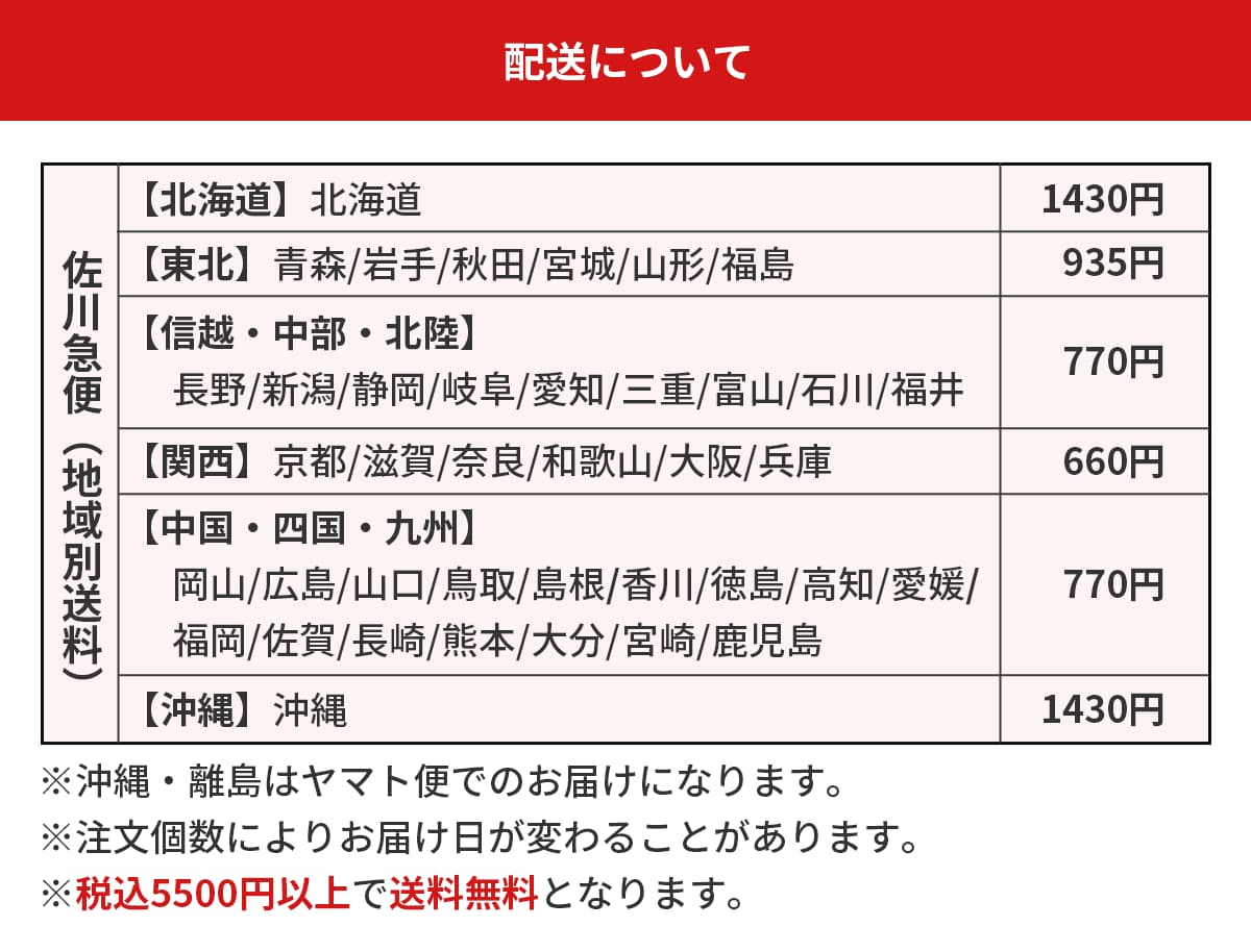 送料は地域ごとによって異なります。北海道・沖縄は1430円、東北は935円、信越・中部・北陸・中国・四国・九州は770円、関西は660円。