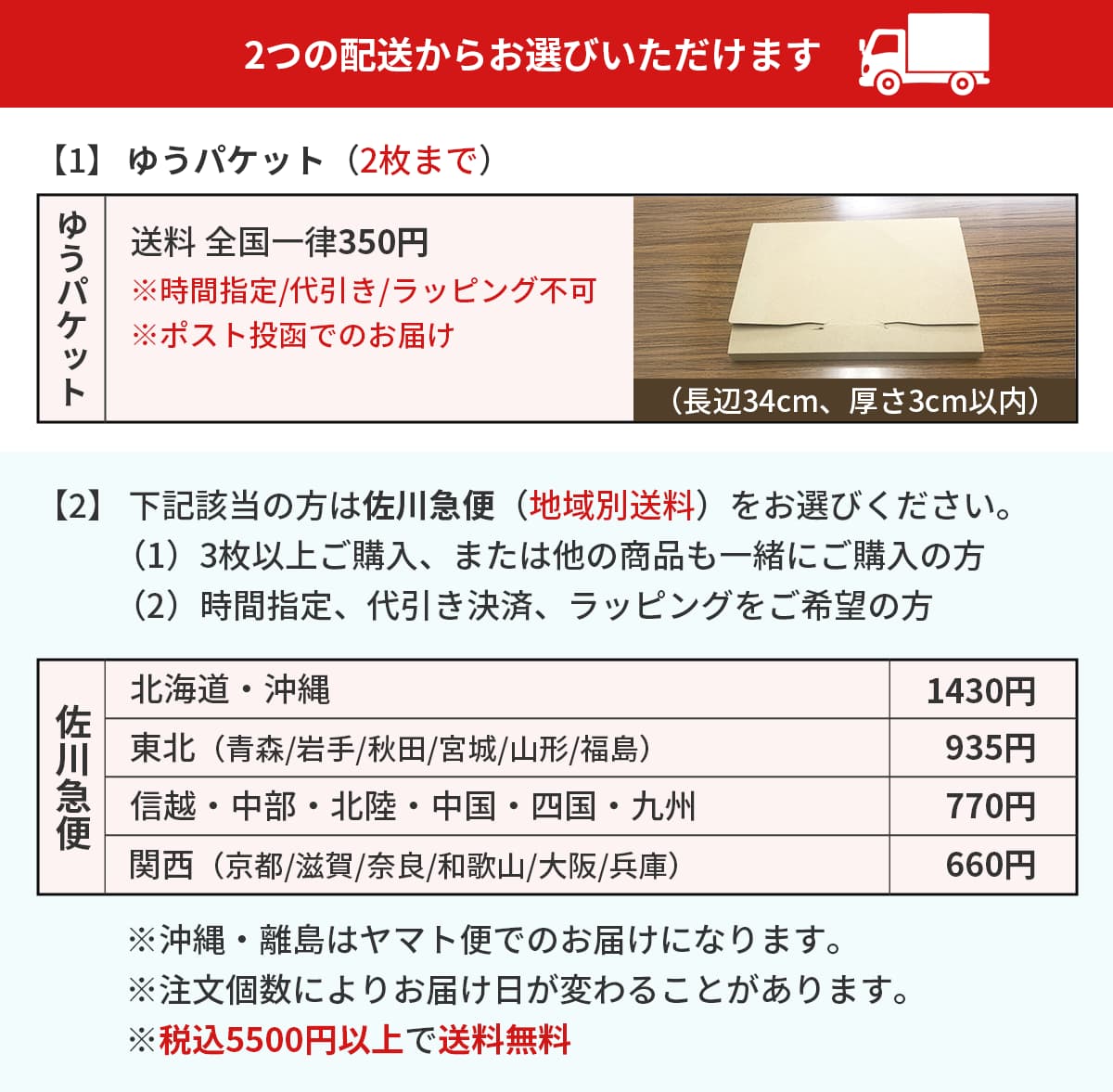この商品は2枚までゆうパケット（全国一律350円の送料）で発送できます。それを超える枚数の場合や、他の商品と同梱の場合は、佐川急便（地域別送料）をお選びください。注文数量によってはお届け日が変わる場合があります。