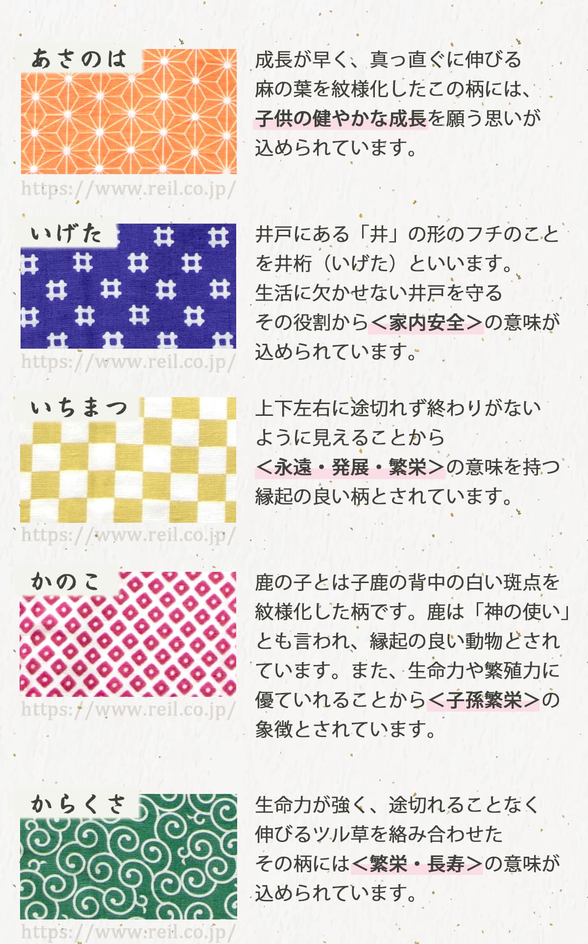 麻の葉は子どもの健やかな成長、井桁は家内安全、市松模様は永遠・発展・反映、鹿の子模様は子孫繁栄、唐草紋様は繁栄・長寿