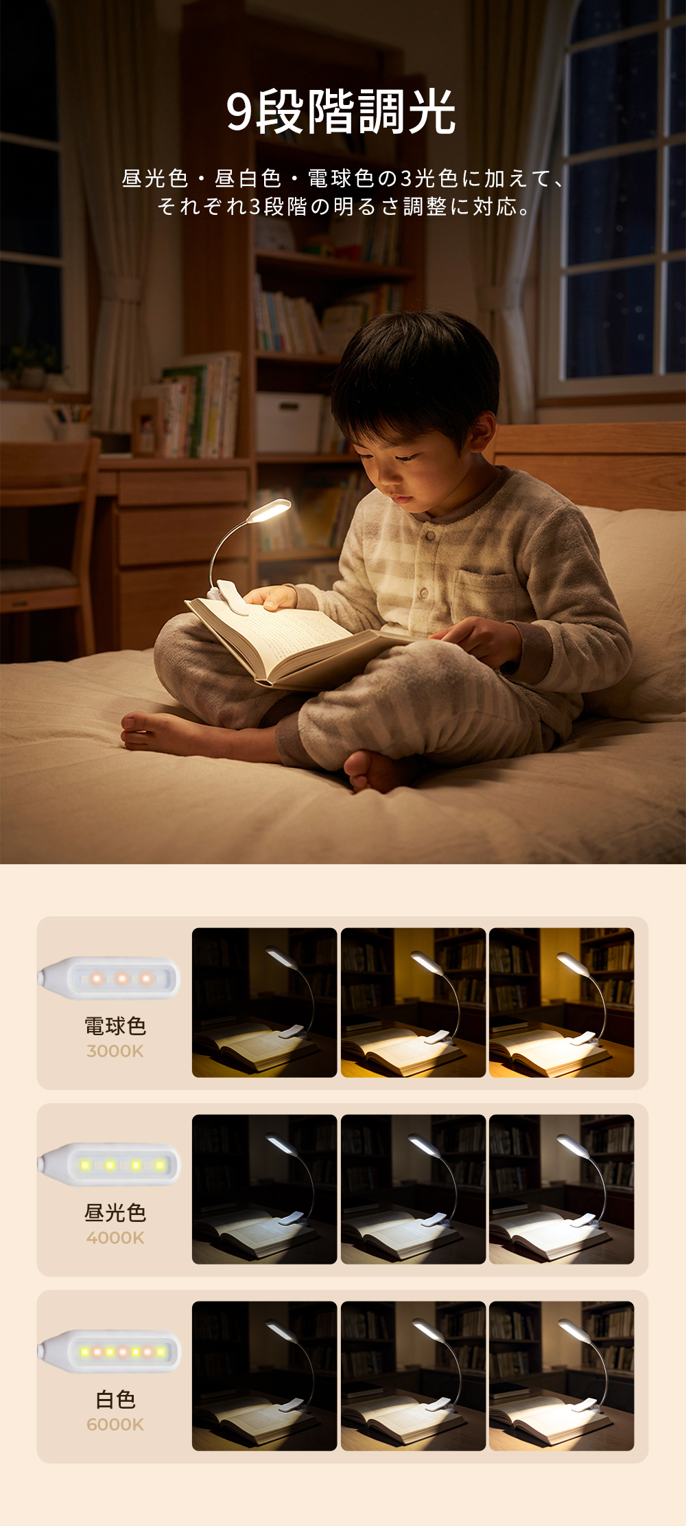 クリップライト 9段階調光調色 7LED コンパクト 長寿命 おしゃれ 360