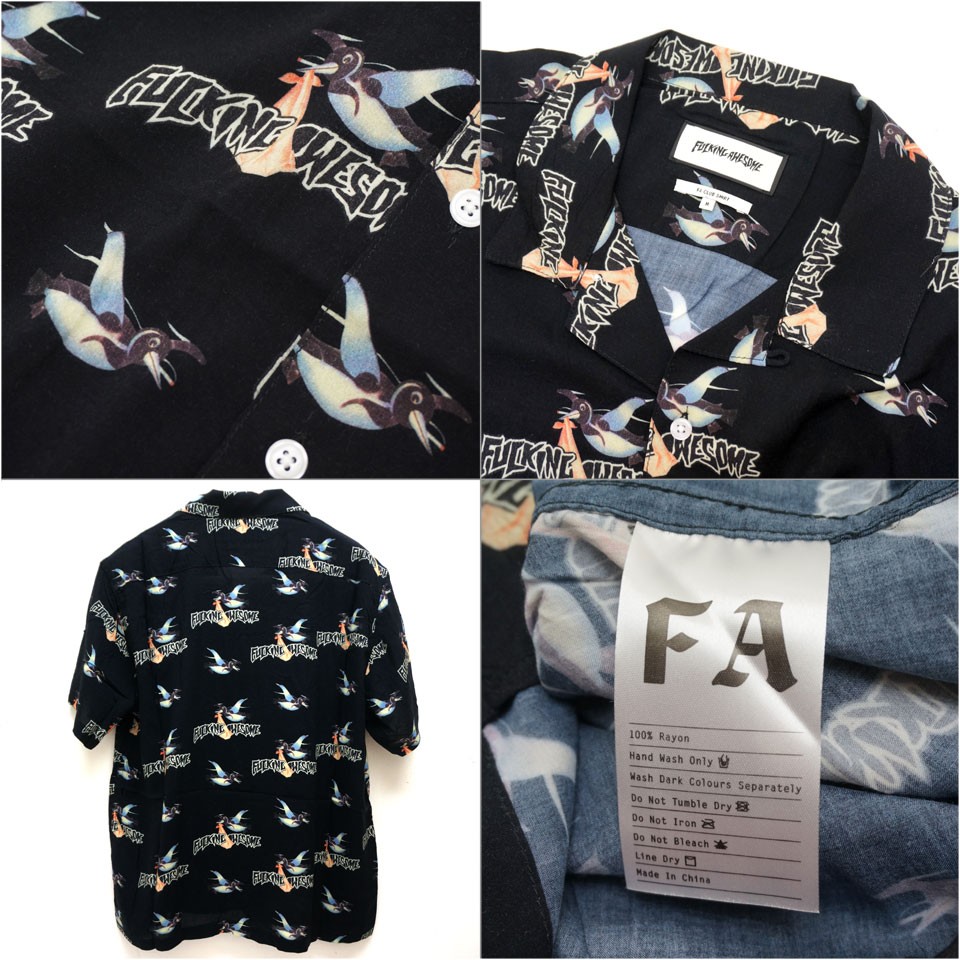 ファッキングオーサム FUCKING AWESOME 開襟シャツ BIRD BAG CLUB SHIRT 半袖シャツ 総柄 ブラック 黒 BLACK