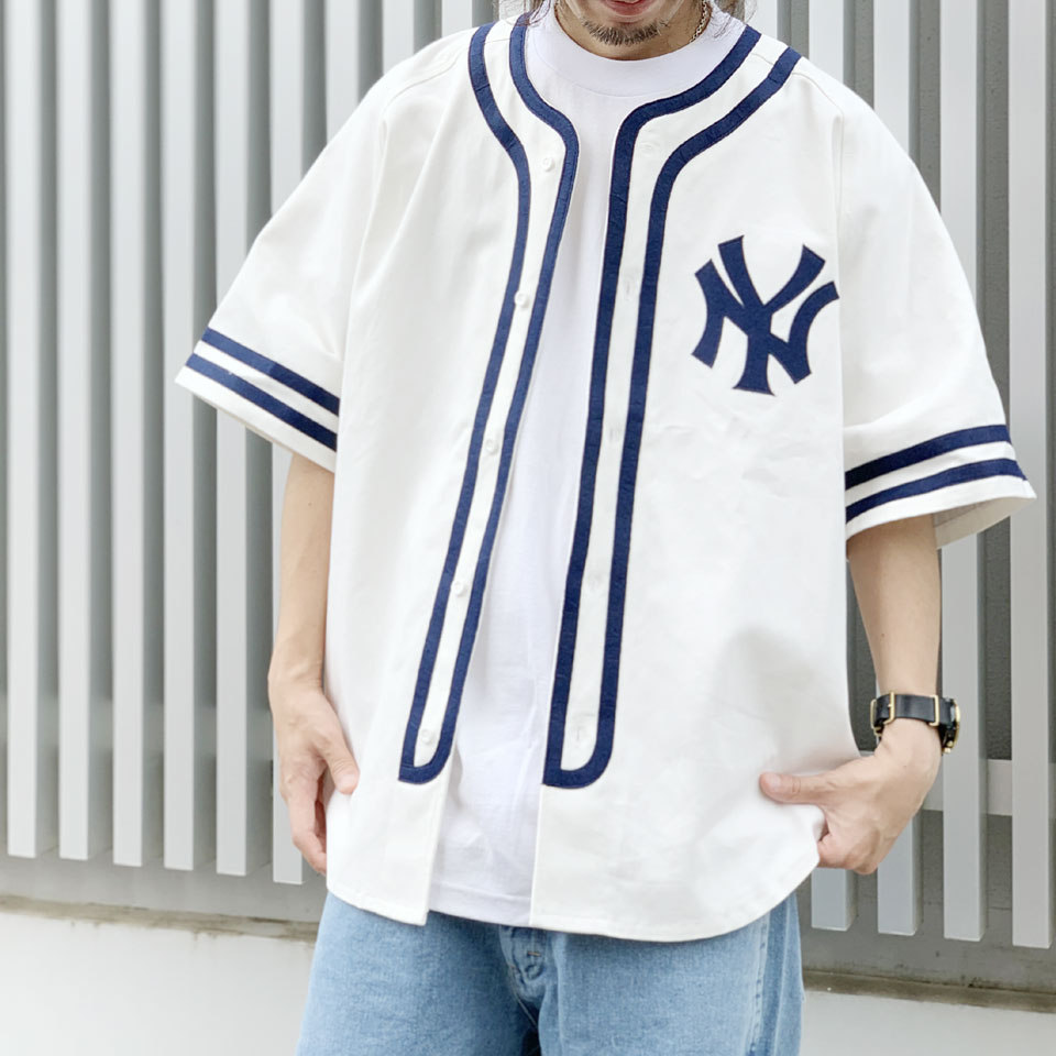 ファナティクス FANATICS ベースボールシャツ MLB NEW YORK YANKEES COTTON BASEBALL SHIRT ヤンキース  ナチュラル/ネイビー ホワイト 白 WHITE