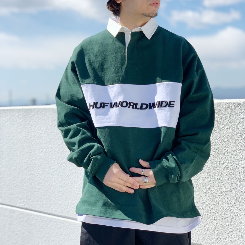 全2色 ハフ HUF ラガーシャツ ラグビーシャツ WORLDWIDE RUGBY SHIRT グリーン アッシュグレー GREEN ASH GREY  緑 灰色