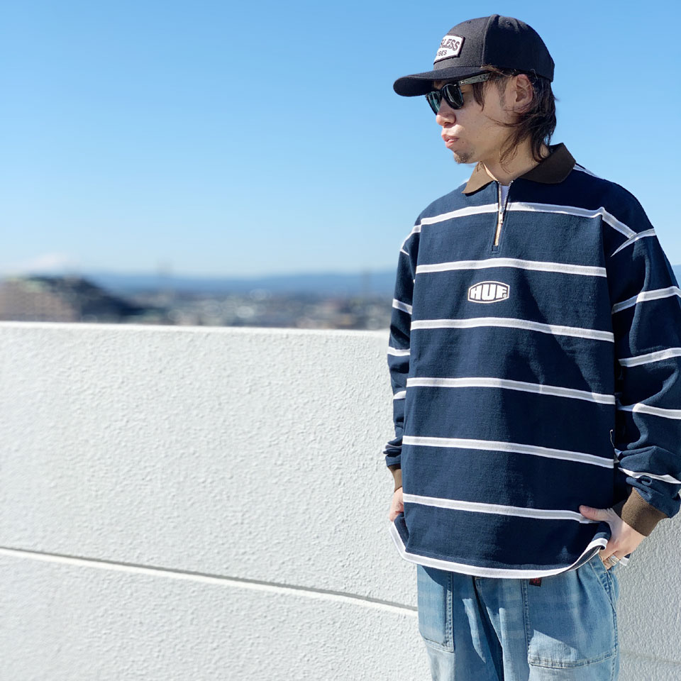 SALE セール 全2色 ハフ HUF ハーフジップポロシャツ WORKMAN LS ZIP POLO ボーダー 長袖 グリーン ネイビー  SYCAMORE GREEN NAVY 緑 紺