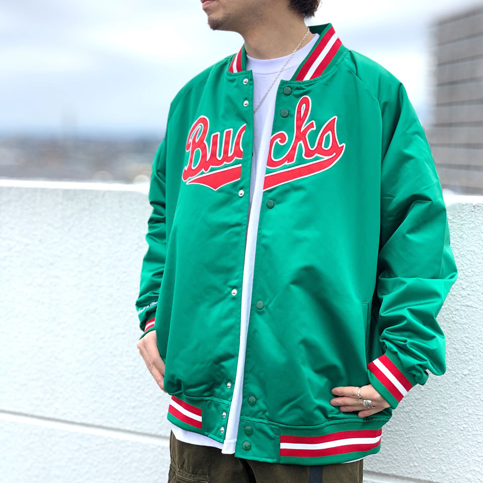 ミッチェルアンドネス Mitchell&Ness サテンジャケット スタジャン SATIN JACKET MILWAUKEE BUCKS バックス  グリーン GREEN 緑