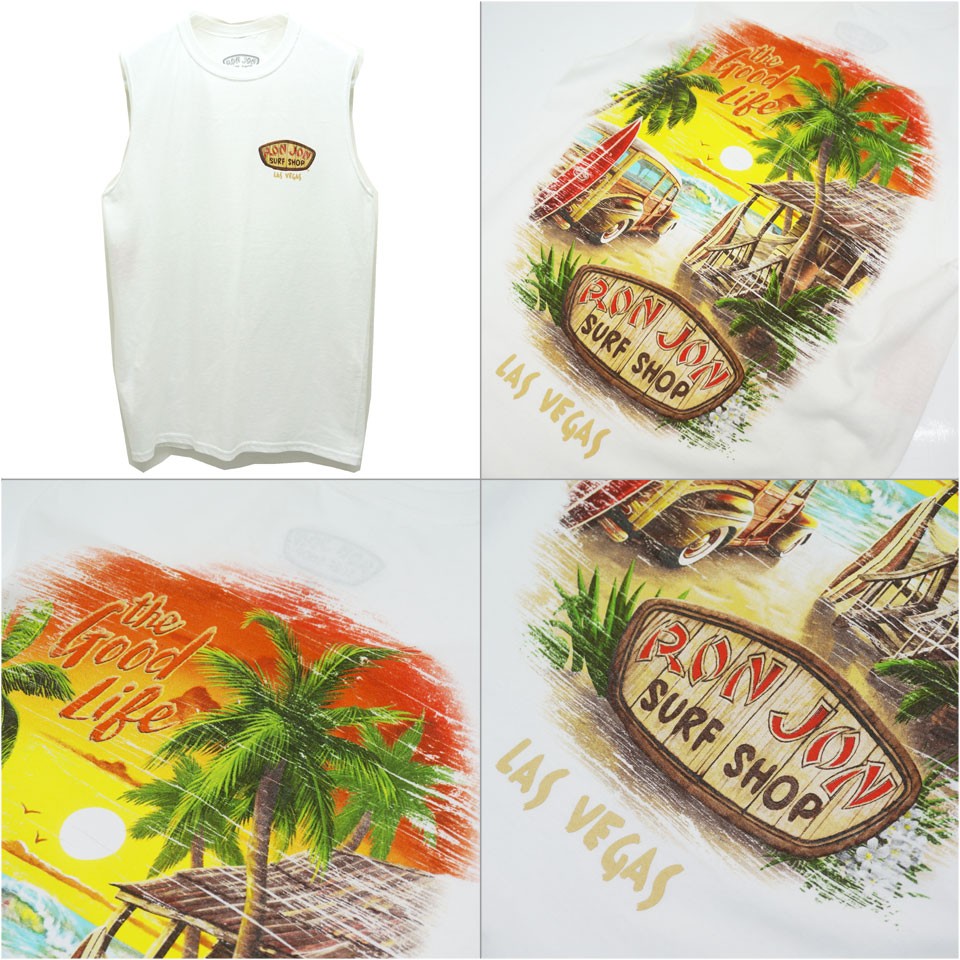 古着　RON JON SURF SHOP ロンジョン タンクトップ L 白　短丈 RON JON SURF SHOP / SURFER GOOD LIFE NO SLEEVE