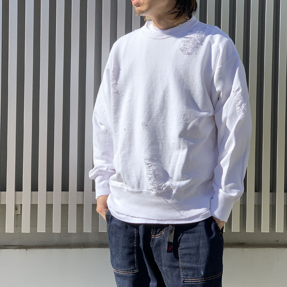 全2色 スリフティルック THRIFTY LOOK クルースウェット WORN-OUT CREW SWEAT ダメージ加工 GOAT ゴート オレンジ ホワイト ORANGE WHITE｜mr-vibes｜03