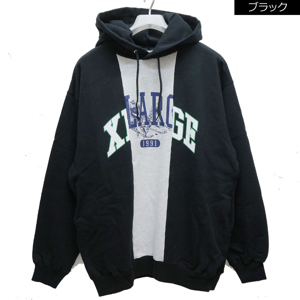 全2色 エクストララージ XLARGE パーカー PATCHWORK PULLOVER HOODED SWEAT パッチワーク カレッジロゴ ブラック  ネイビー 黒 紺 BLACK NAVY