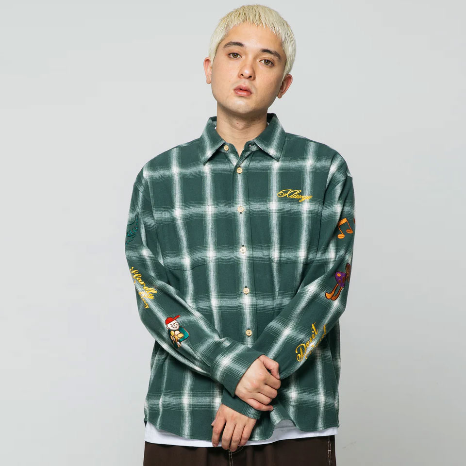 全2色 エクストララージ XLARGE ネルシャツ RANDOM THINGS FLANNEL SHIRT チェックシャツ ブラック グリーン 黒 緑  BLACK GREEN 101223014002