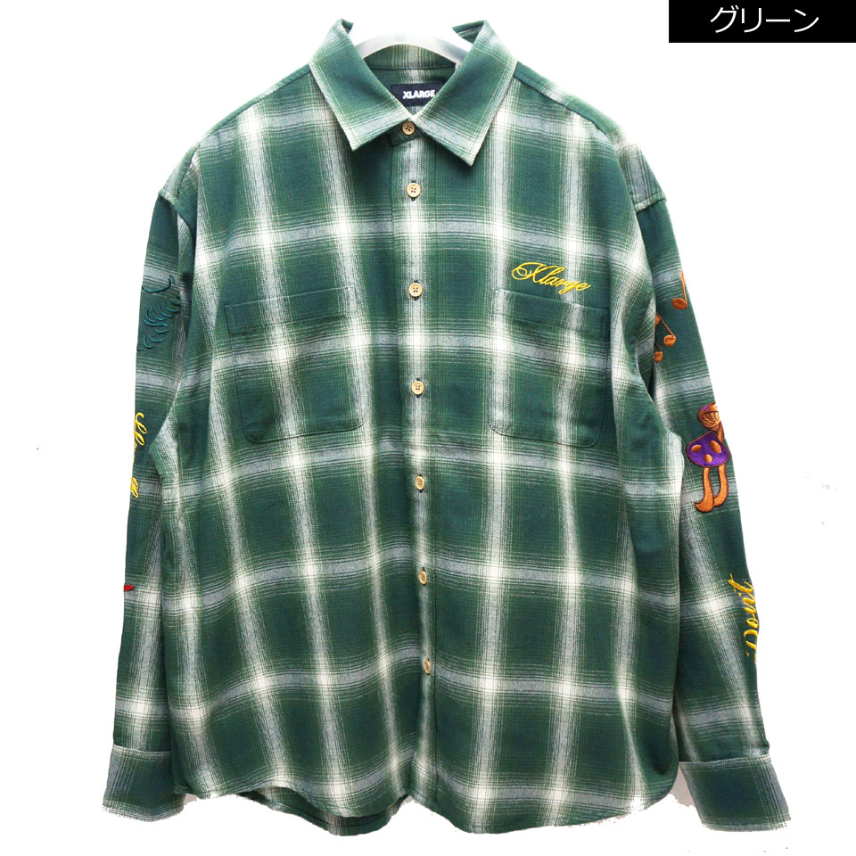 全2色 エクストララージ XLARGE ネルシャツ RANDOM THINGS FLANNEL SHIRT チェックシャツ ブラック グリーン 黒 緑  BLACK GREEN 101223014002